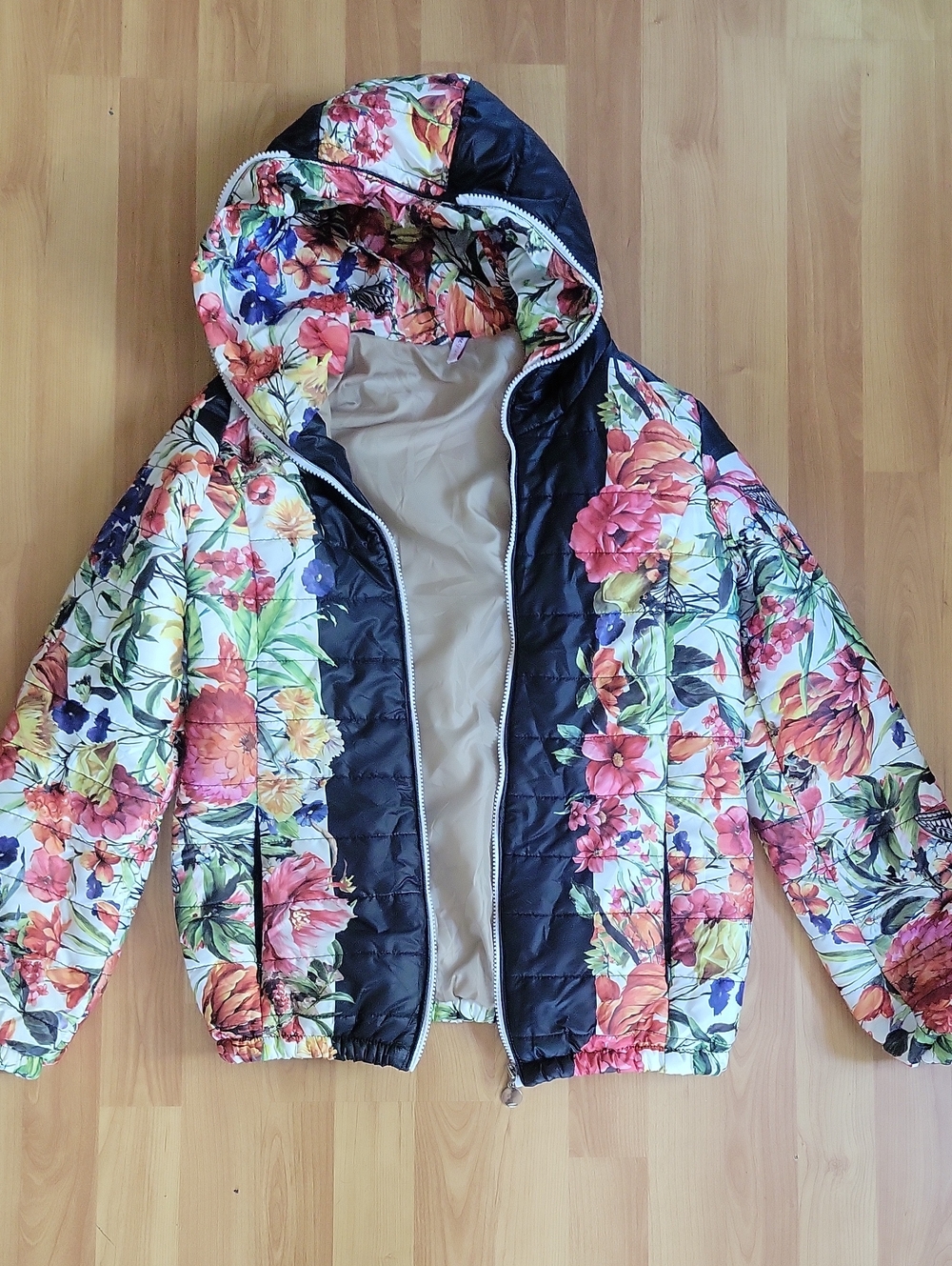Floral Quilted Hooded Puffer Jacket - Black & Multicolor